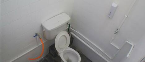 A small, compact bathroom with a white toilet, a shower area, and a visible toilet paper dispenser.