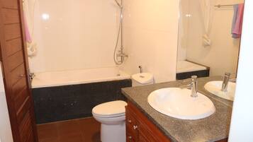 Hair dryer, towels, soap, shampoo