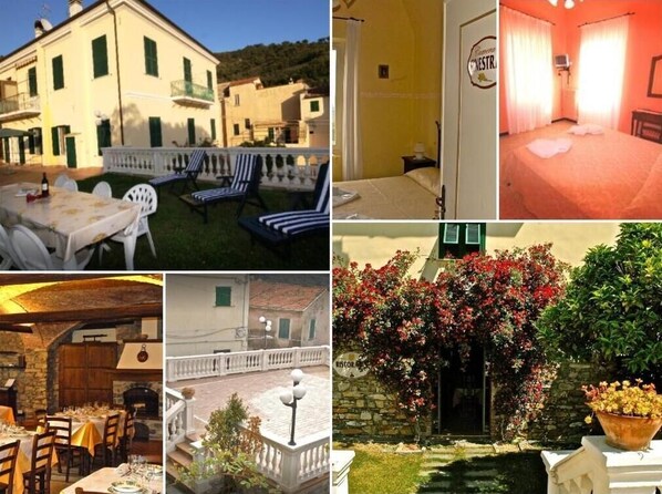 Un hotel con comedor, dormitorio, patio y jardín.