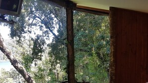 A bedroom with a large window, a bed, and a view of trees and a body of water.