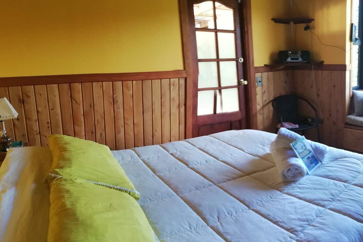 A room with a bed, a window seat, a wooden door, and a lamp.