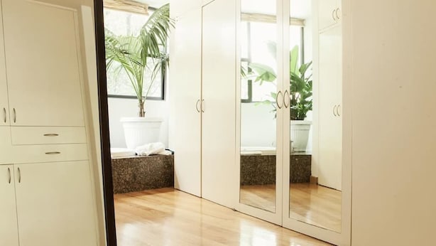 A room with white cabinets, a large potted plant, and a view through a glass door. - First Class Apartmet by Mr.W (Mexico City)