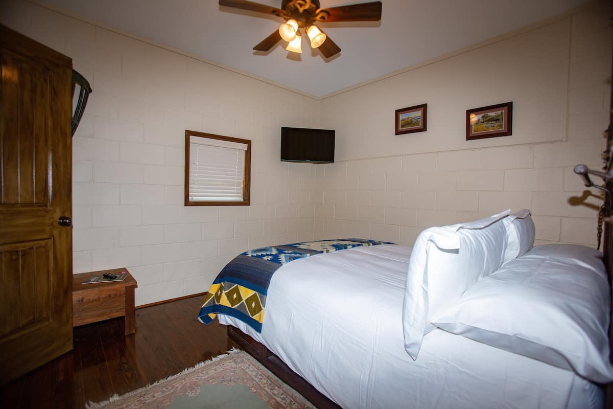 Une chambre à coucher avec un lit, un ventilateur de plafond, un téléviseur fixé au mur et une porte en bois.