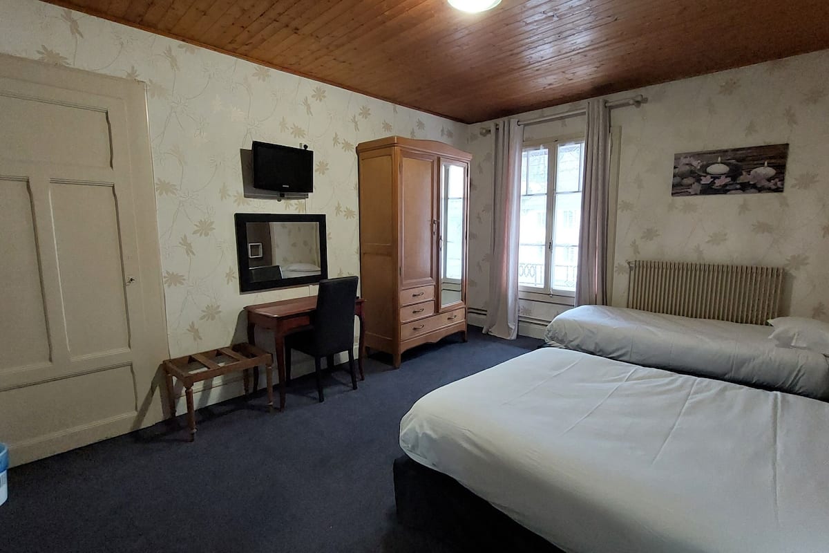Een slaapkamer met twee bedden, een bureau, een kledingkast, een televisie en een radiator.