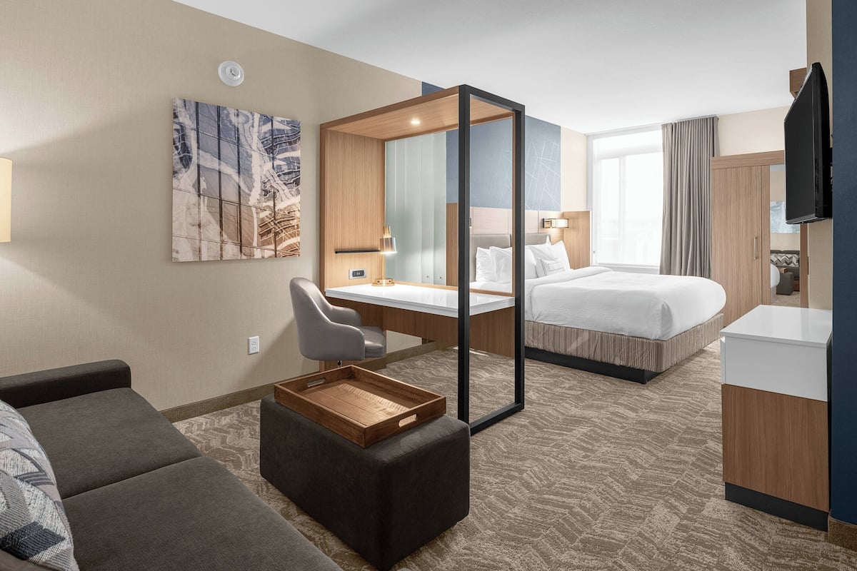 Een hotelkamer met een bed, een bureau, een stoel, een bank en een televisie.
