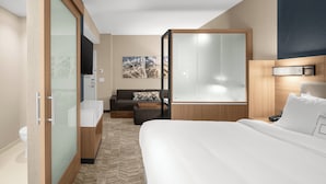Una habitación de hotel con cama, sofá, escritorio, armario y baño.