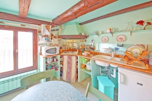 Appartement, 2 chambres, patio, vue sur la ville | Cuisine privée | Réfrigérateur grande capacité avec congélateur, four à micro-ondes