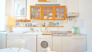 A compact kitchen with a washing machine, a sink, and a cabinet with glass doors. - DolceVita Apartments N. 241 (Venice)