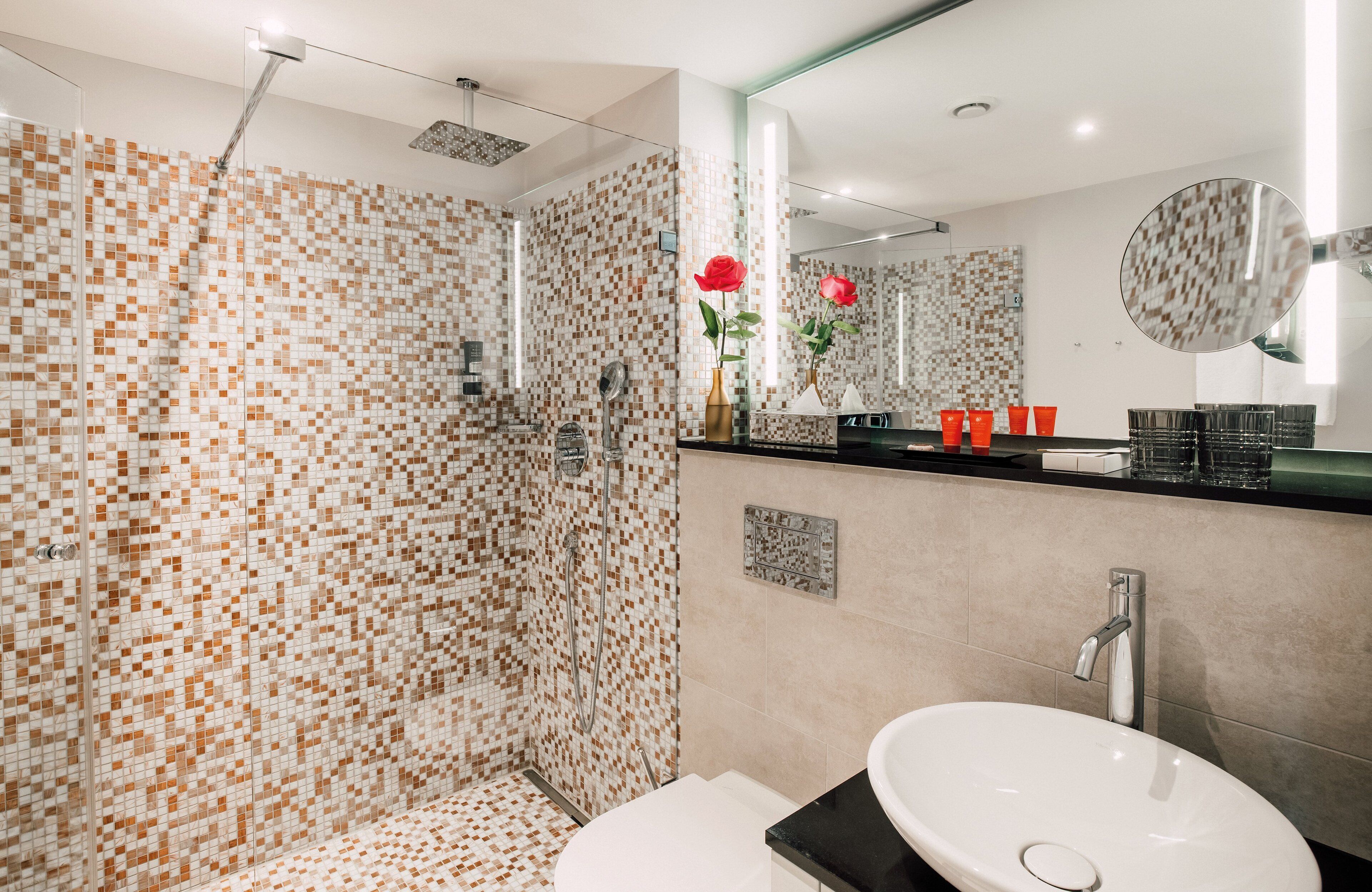 shower, rainfall showerhead, free toiletries, hair dryer