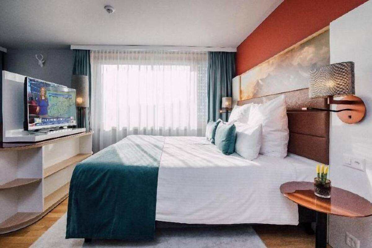 Une chambre d’hôtel avec un lit, une télévision, un bureau et une fenêtre avec des rideaux.