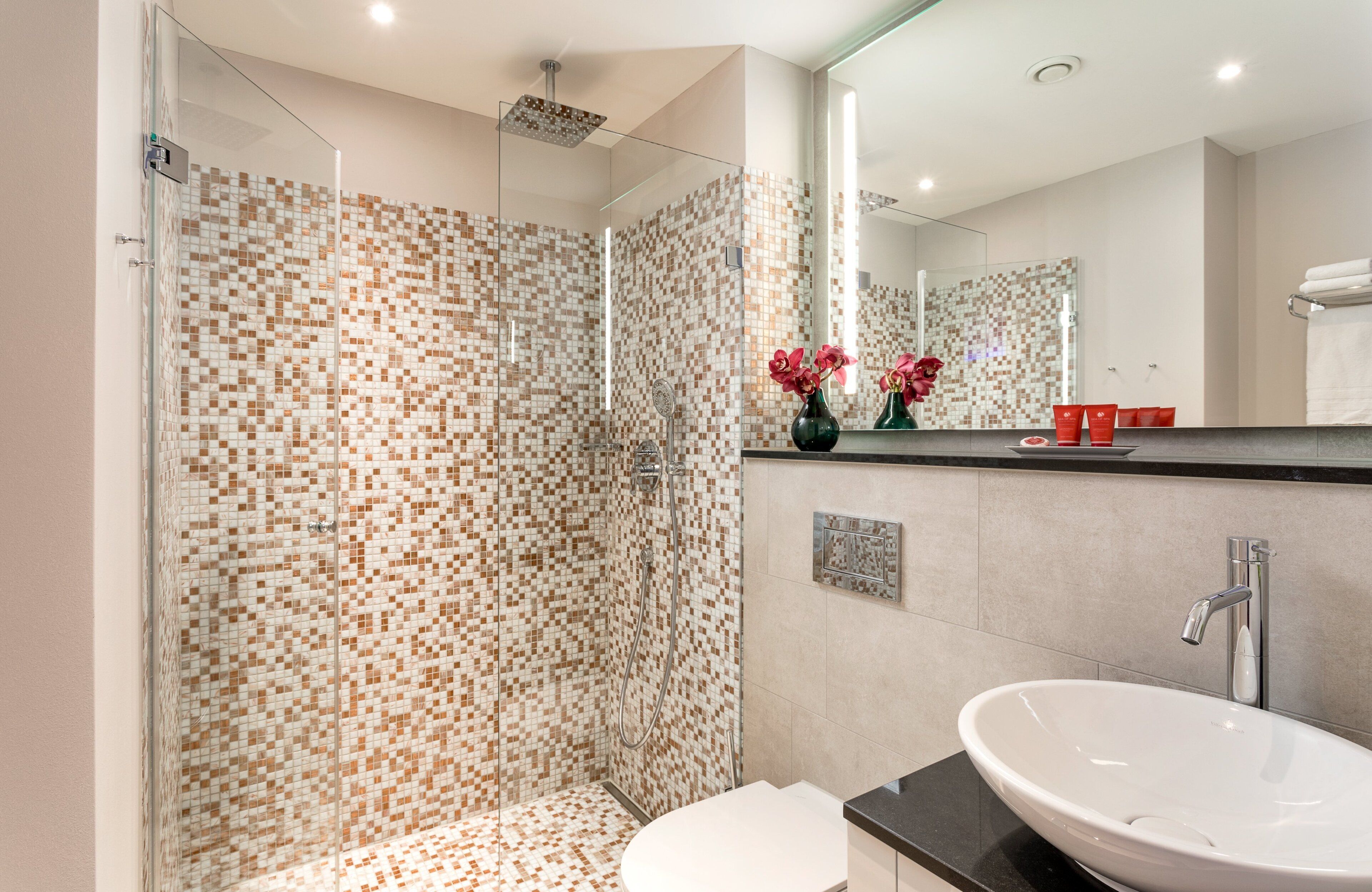 shower, rainfall showerhead, free toiletries, hair dryer