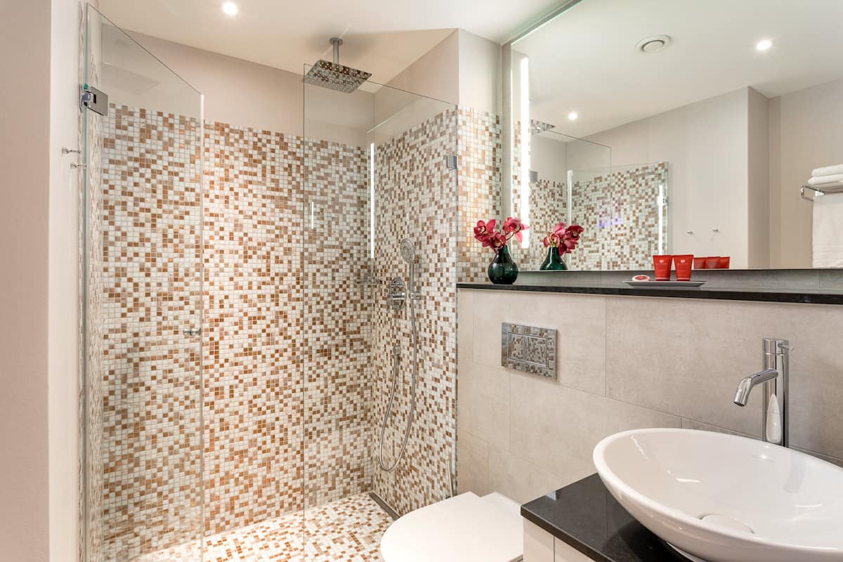 shower, rainfall showerhead, free toiletries, hair dryer