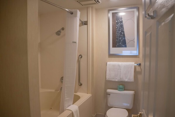 Un baño con bañera, inodoro y ducha.