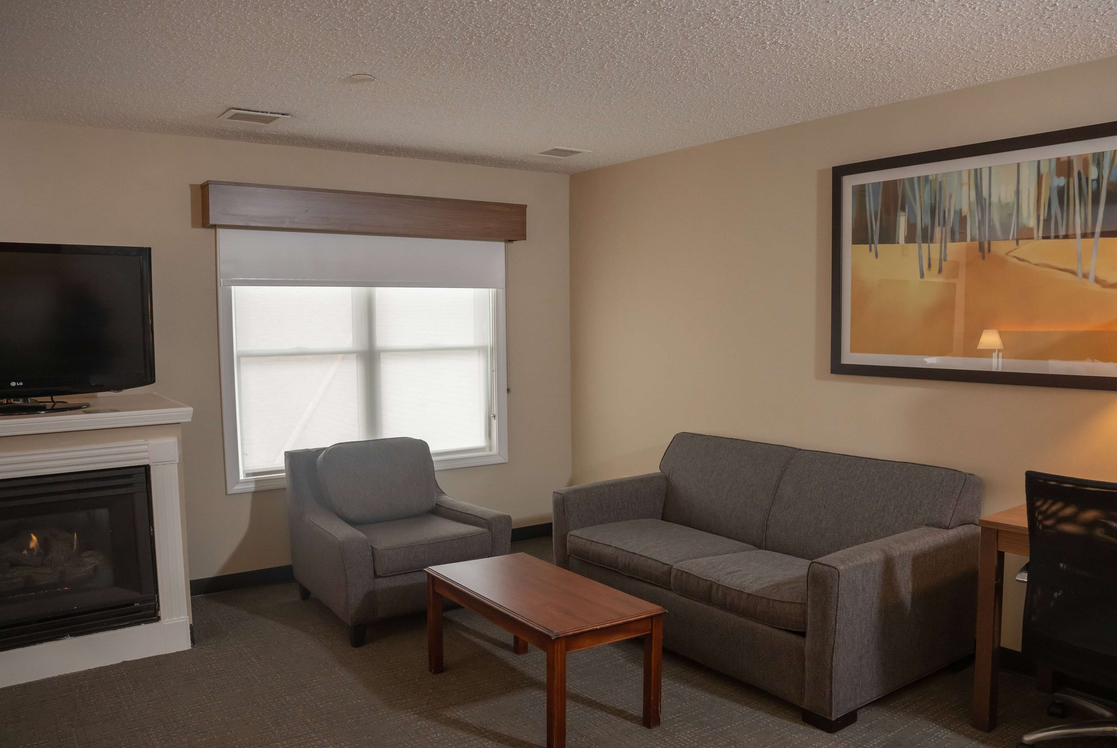 A living room with a fireplace, a television, a sofa, a chair, and a painting on the wall.