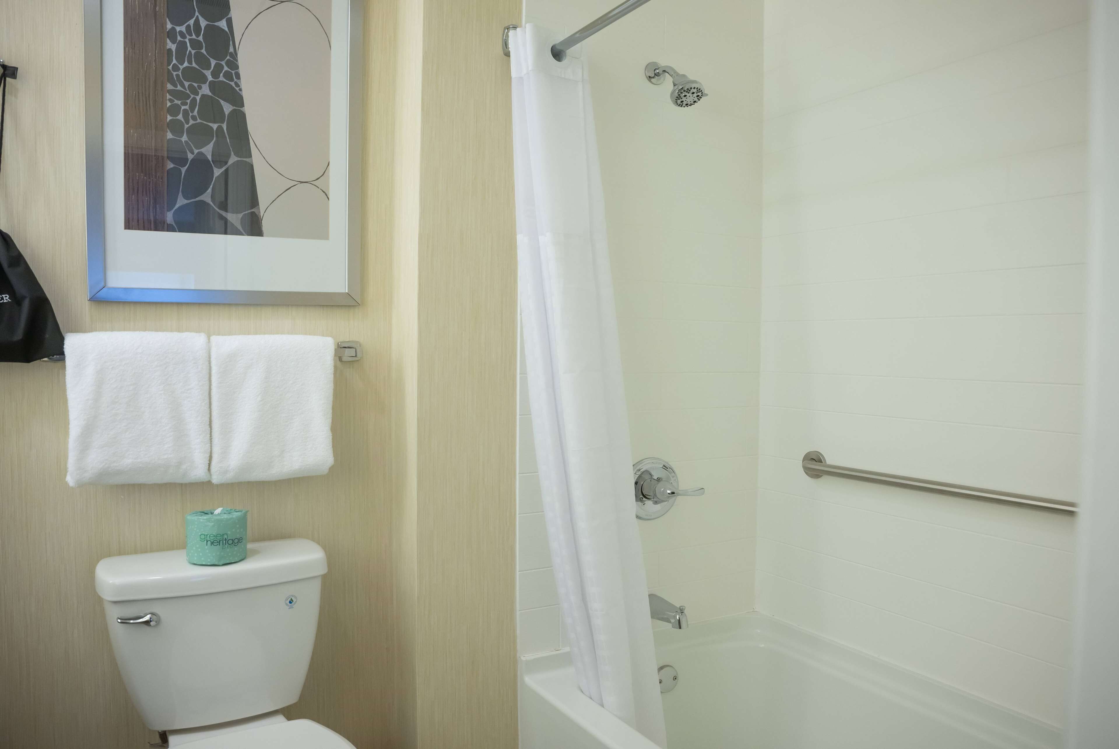 A bathroom with a toilet, a shower with a glass door, and a framed artwork on the wall.