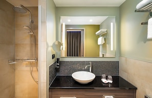 Shower, rainfall showerhead, hair dryer, towels