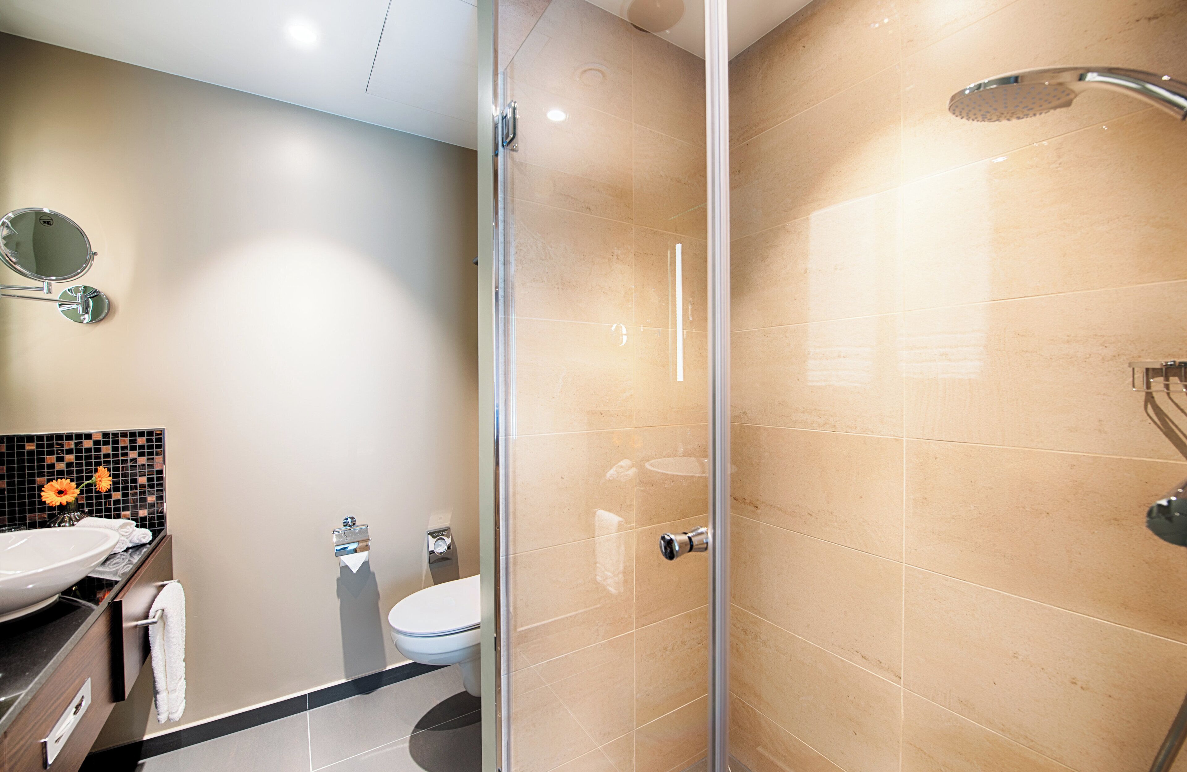 shower, rainfall showerhead, free toiletries, hair dryer