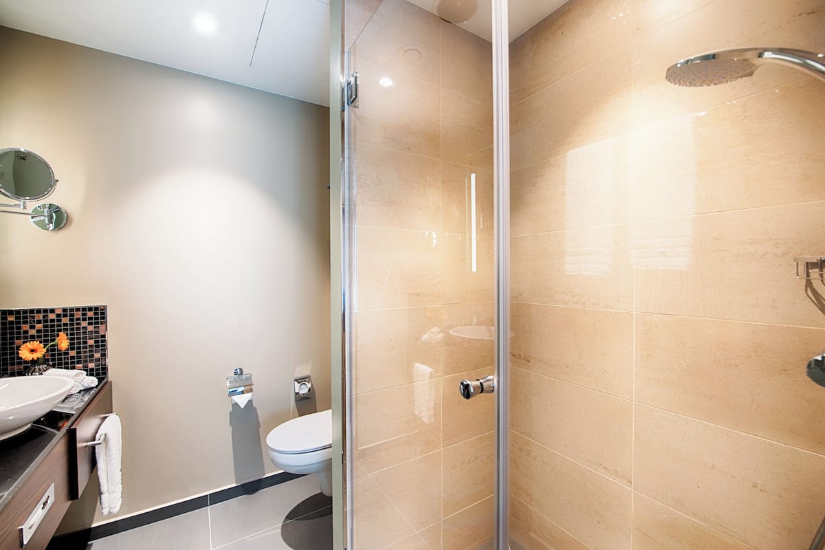 shower, rainfall showerhead, free toiletries, hair dryer