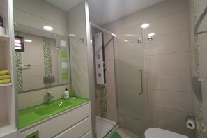 Shower, hair dryer, bidet, towels