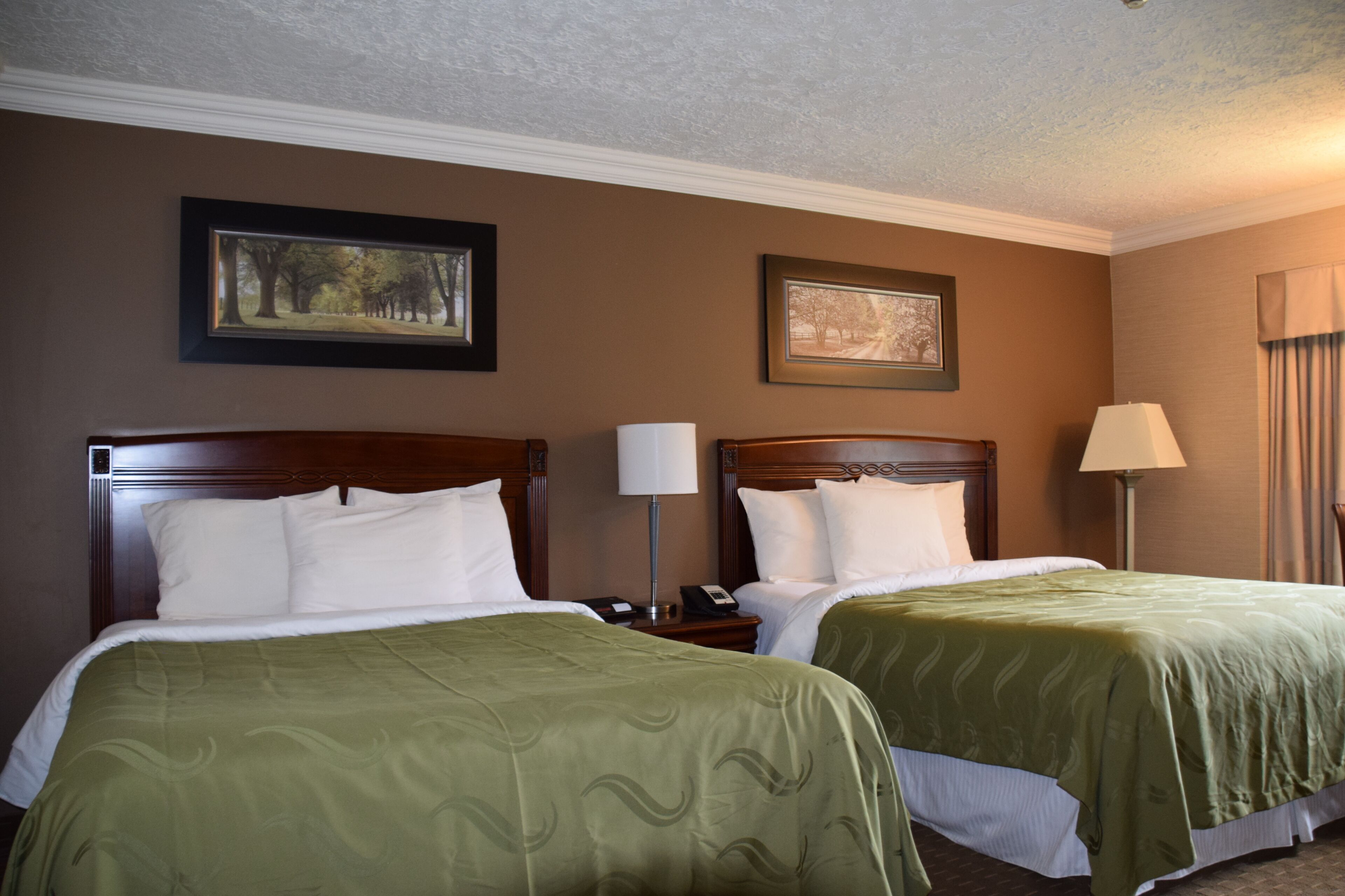 A hotel room with two beds, each with a wooden headboard, white bedding, and green throw pillows. There are framed pictures on the wall and a lamp on the side table.