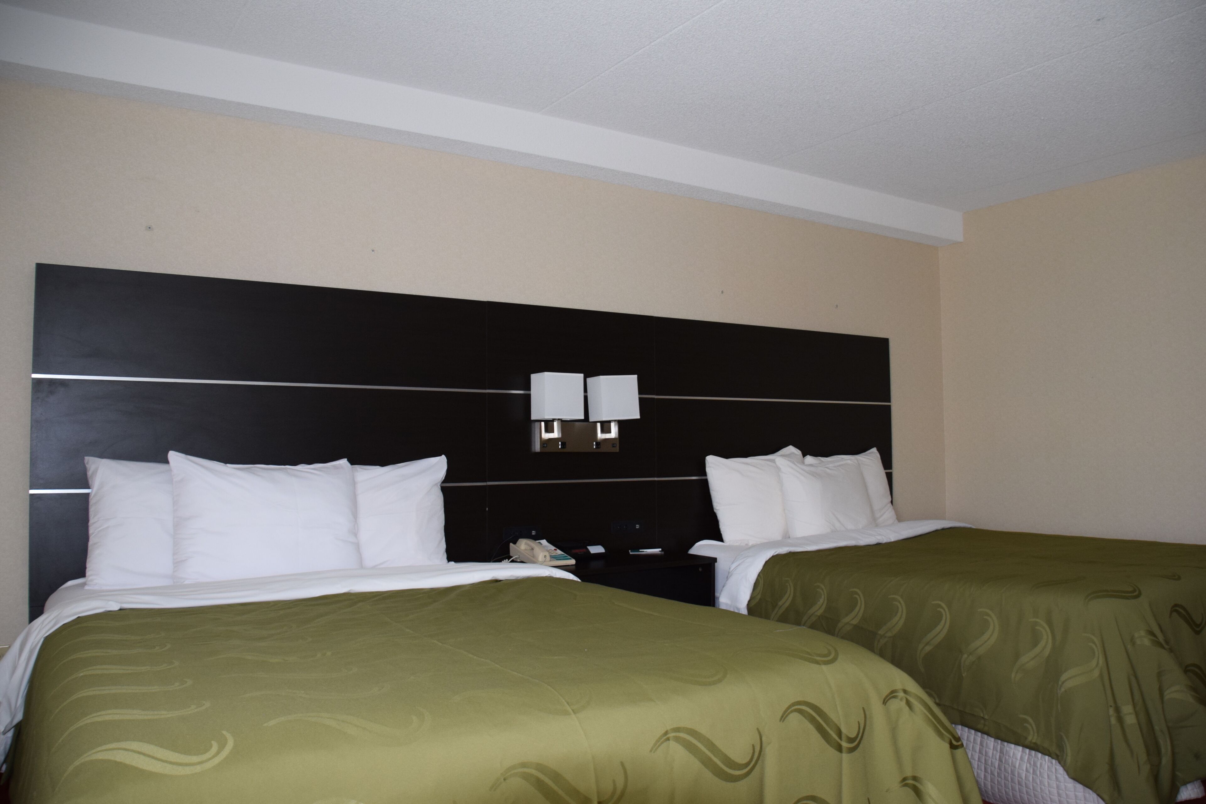 Ein Hotelzimmer mit zwei Betten, jeweils mit einer grünen Tagesdecke, einem dunklen Kopfteil und je zwei Wandlampen.