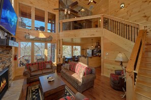 Smart TV, fireplace, video games, DVD player