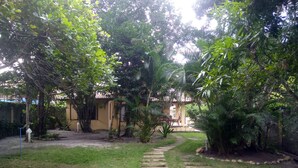 Ein Garten mit einem gepflasterten Weg, der zu einem Gebäude mit einem Ziegeldach führt.