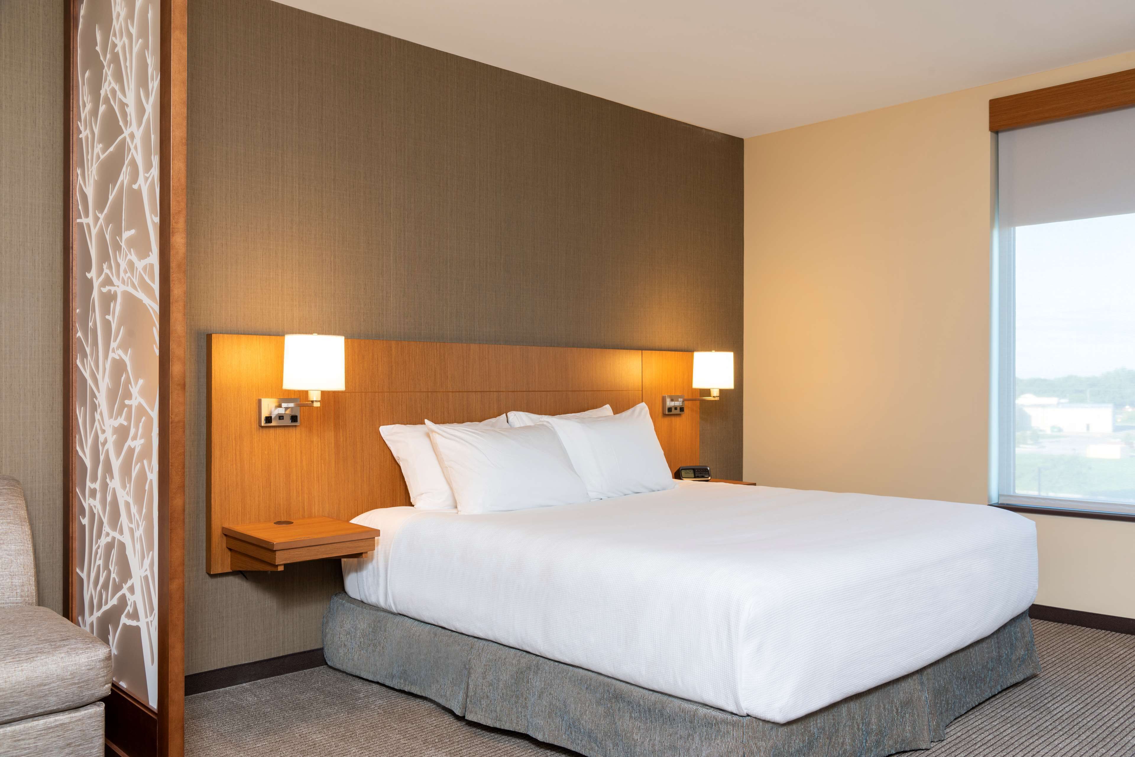 A hotel room with a large bed, two bedside tables with lamps, a view of the city through a window, and a decorative wall panel.