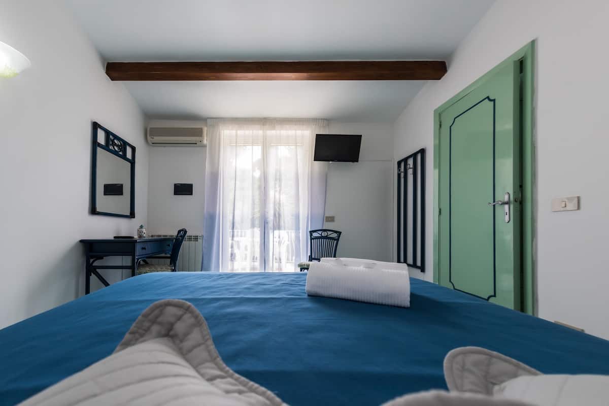 A bedroom with a bed, a desk, a chair, a TV, and a green door.
