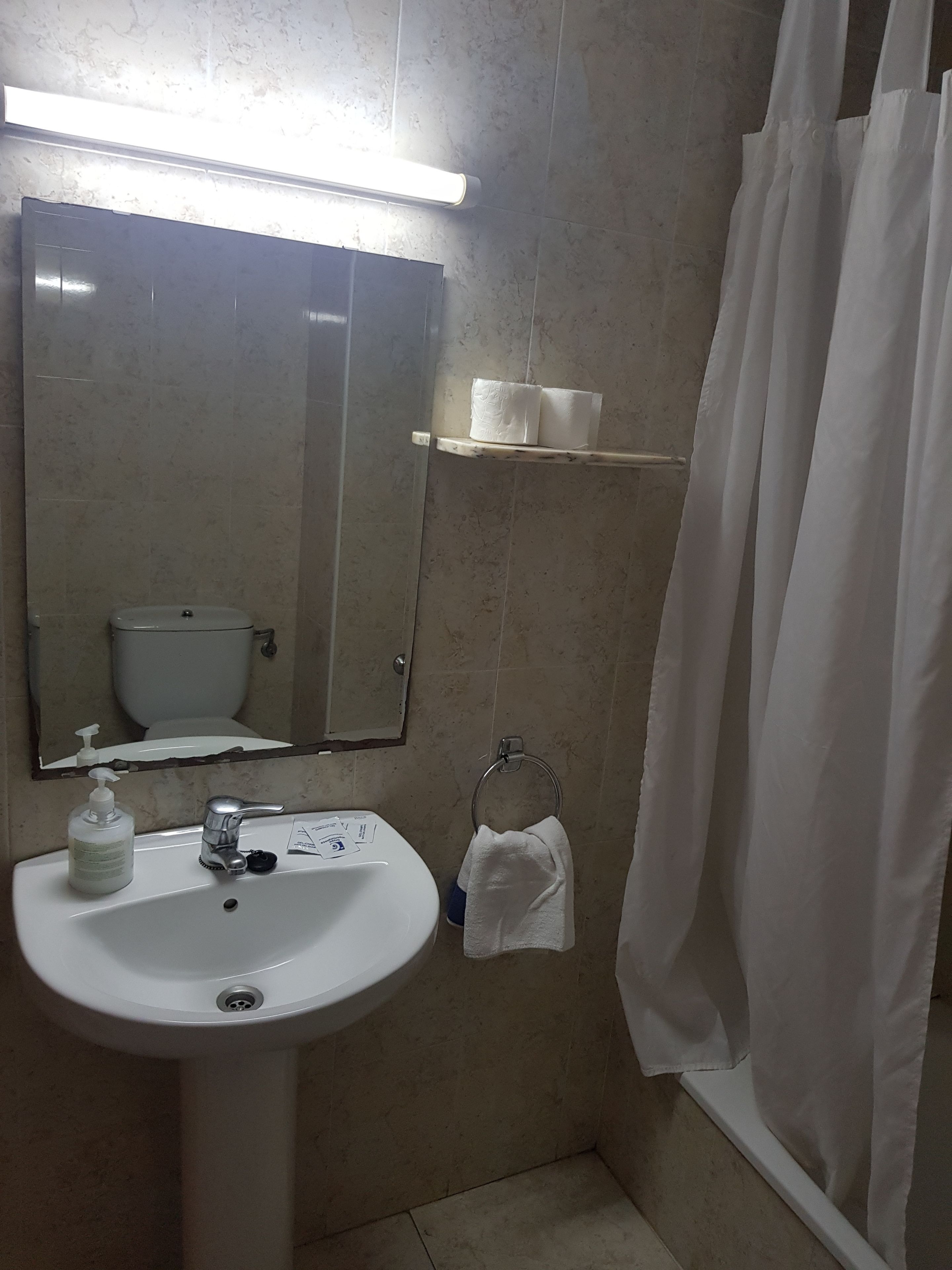 A bathroom with a sink, mirror, toilet, and shower curtain.