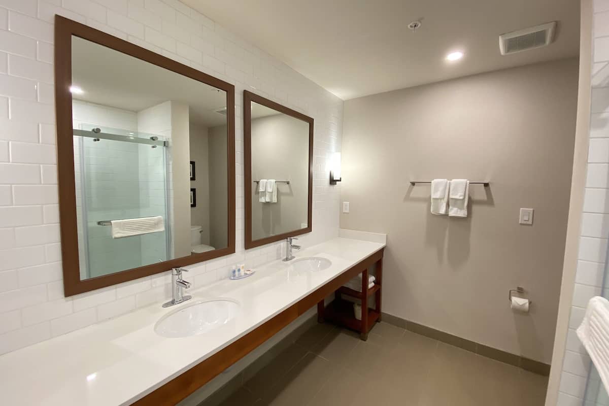 suite, 1 king bed with sofa bed, non smoking (efficiency) | bathroom | hair dryer, towels, soap, shampoo