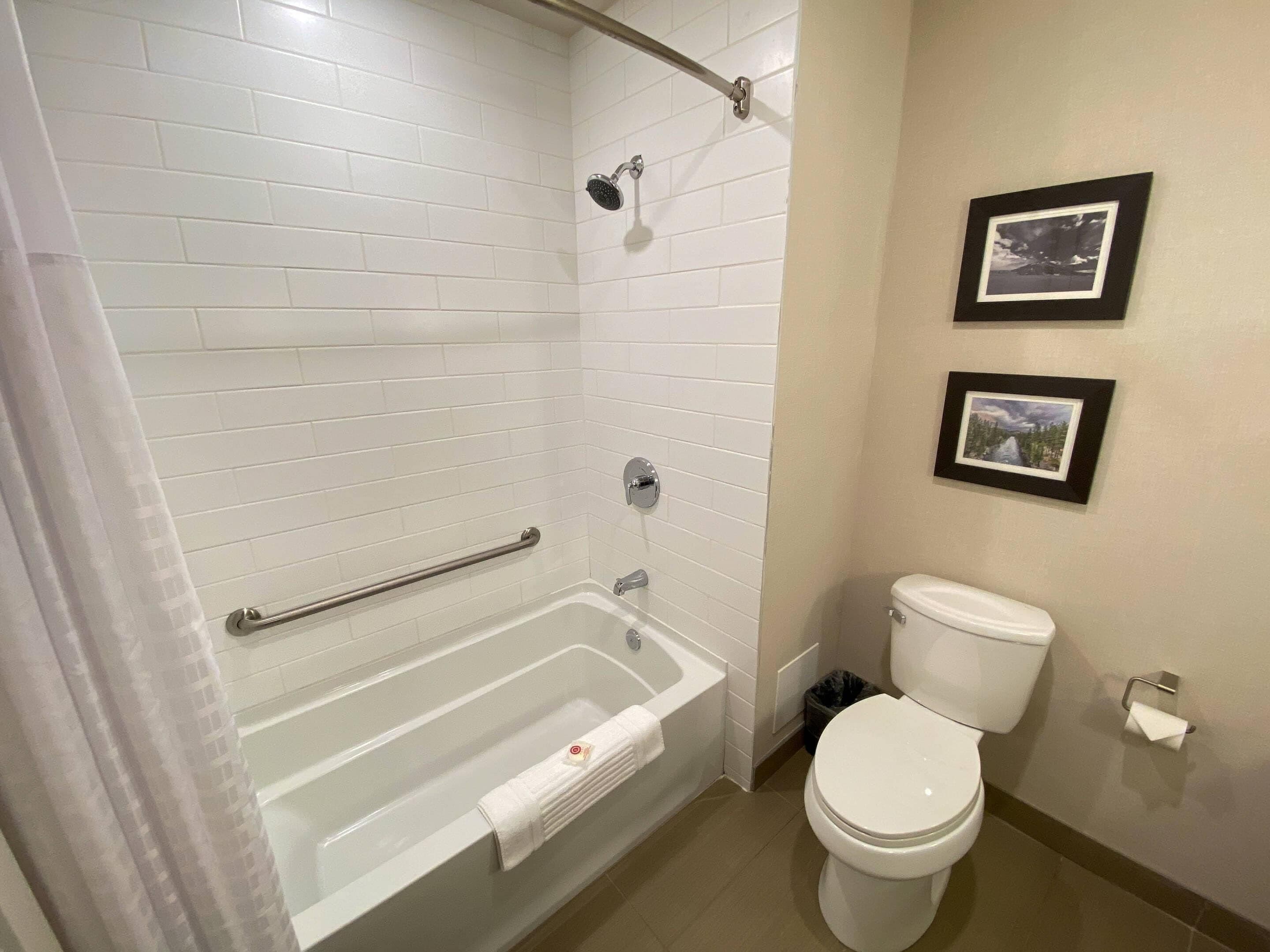 A bathroom with a bathtub, toilet, and a shower.