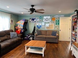 Smart TV, video games, DVD player, foosball