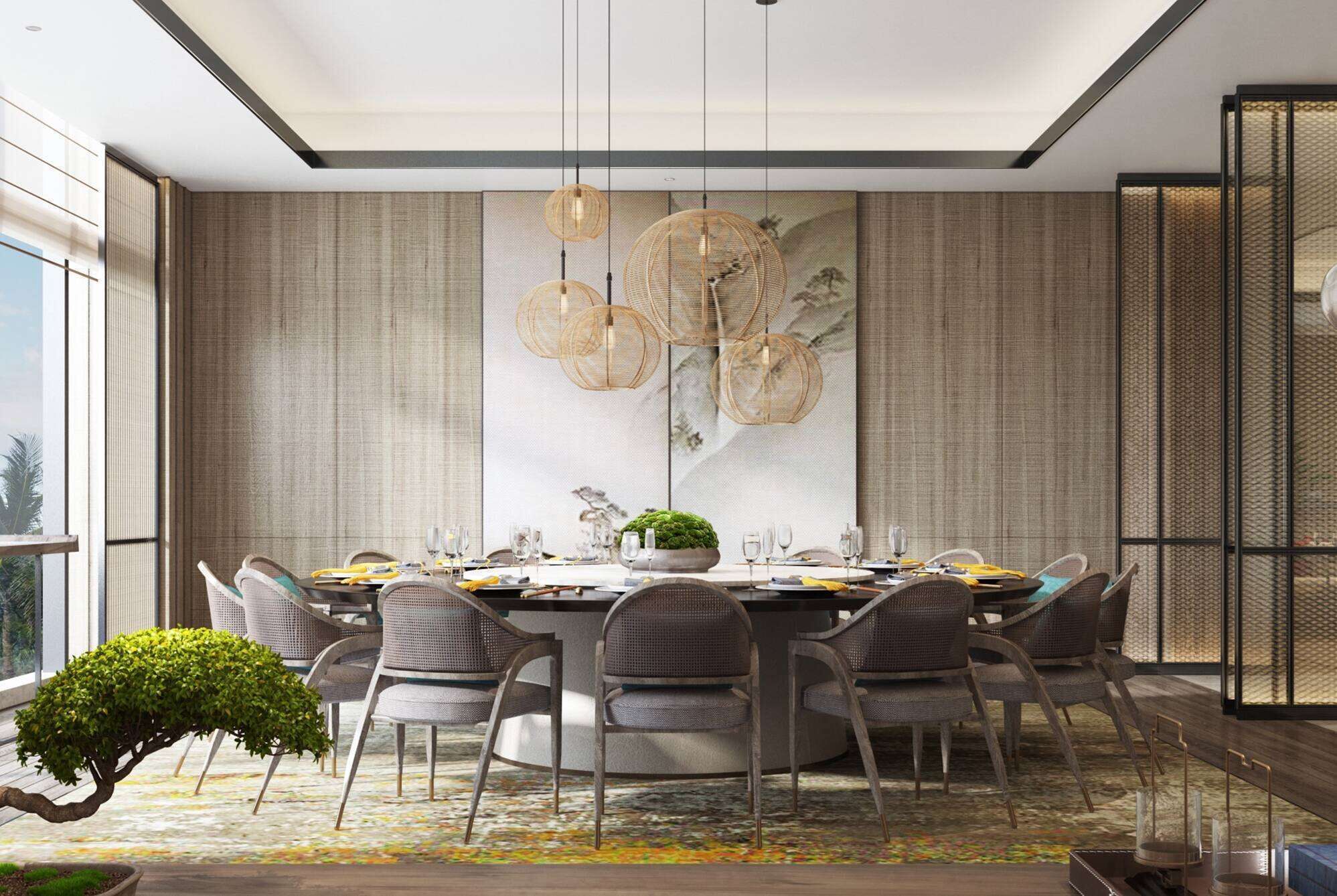 A modern dining room with a round table, multiple chairs, and a large wall-mounted light fixture.