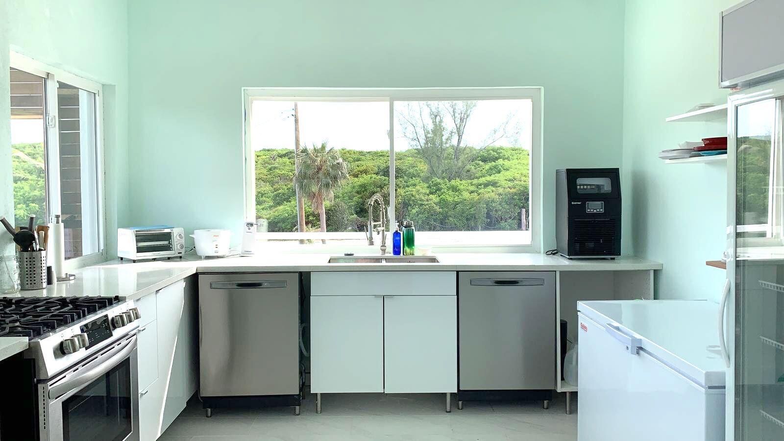 Une cuisine moderne équipée d’une cuisinière à gaz, d’un lave-vaisselle et d’une grande fenêtre donnant sur un paysage verdoyant.