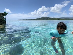 A person in clear water with a rocky shore and distant hills. - Yvonne's Hotel (Pohnpei)