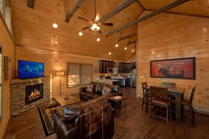Smart TV, fireplace, DVD player
