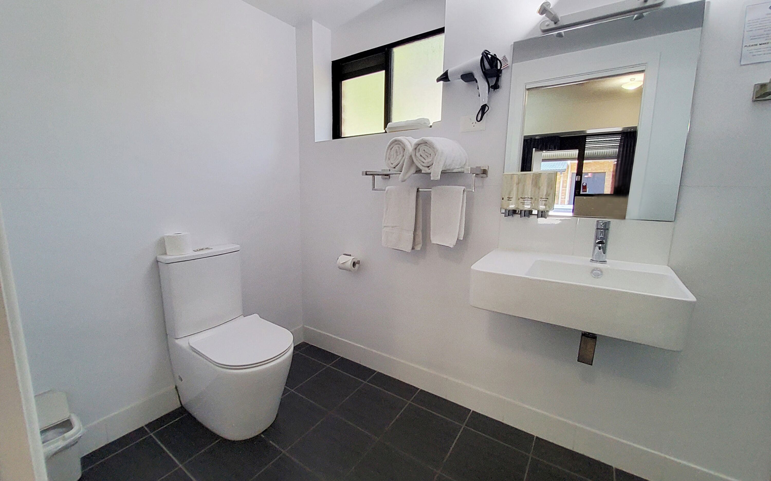 A bathroom with a toilet, a sink, and a mirror.