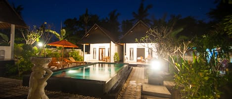 Outdoor pool, pool umbrellas, pool loungers