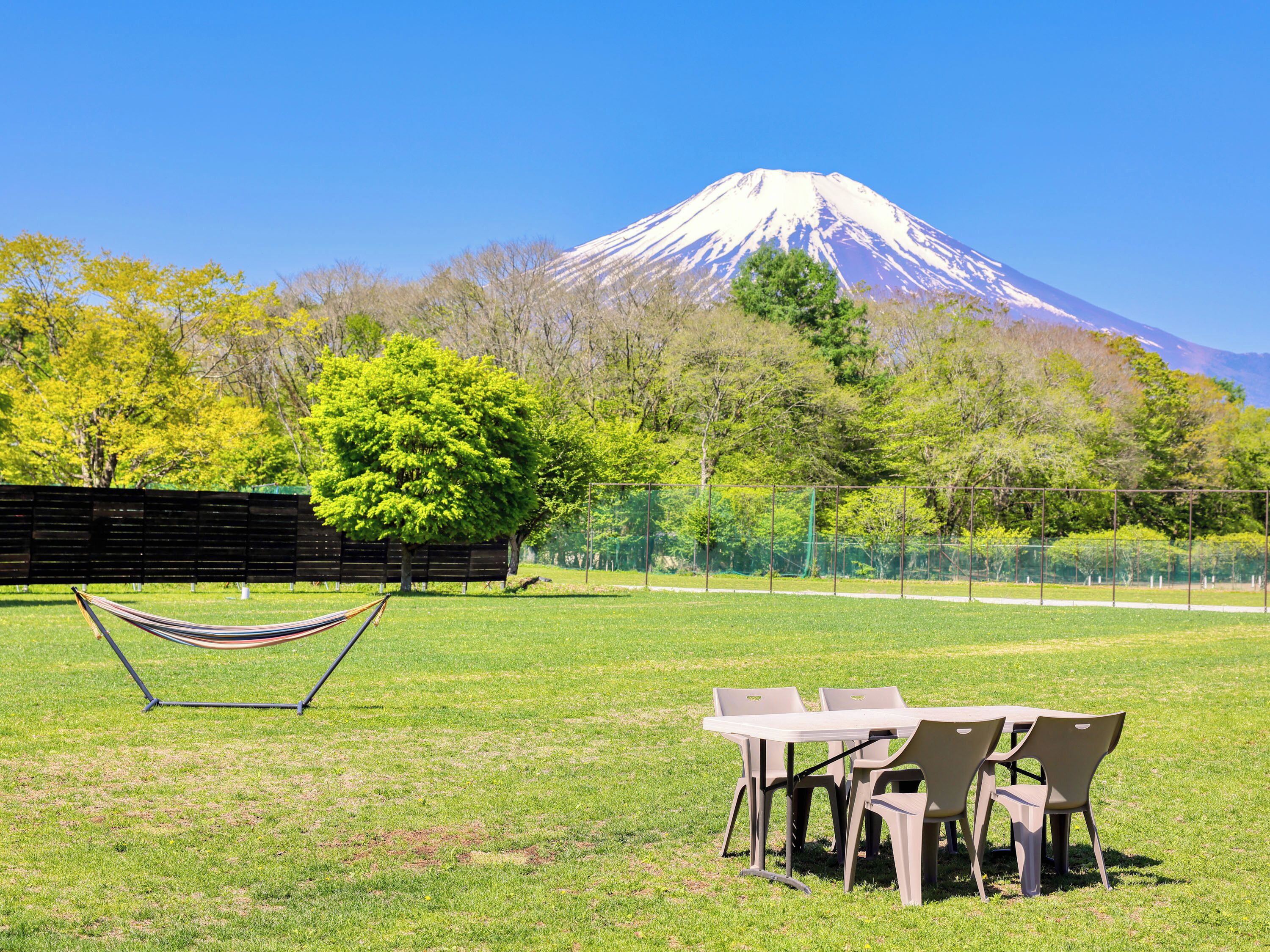 A grassy outdoor area with a hammock, picnic table, and chairs, with a mountain in the background.