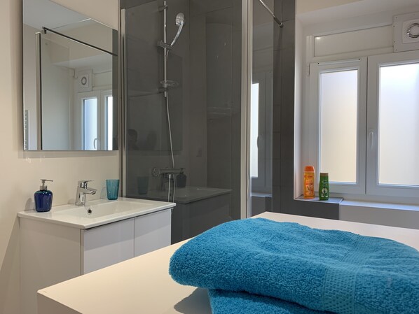 Hair dryer, towels, soap, shampoo