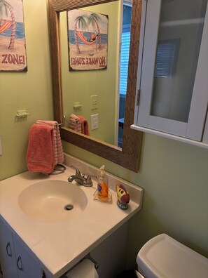 Hair dryer, towels, soap, shampoo