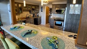 A modern kitchen with granite countertops, stainless steel appliances, and pendant lighting. - Waterfront home with dock!




 (Afton)