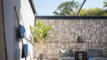 A stone wall with a Buddha statue, a potted plant, and two cushioned seating areas.
