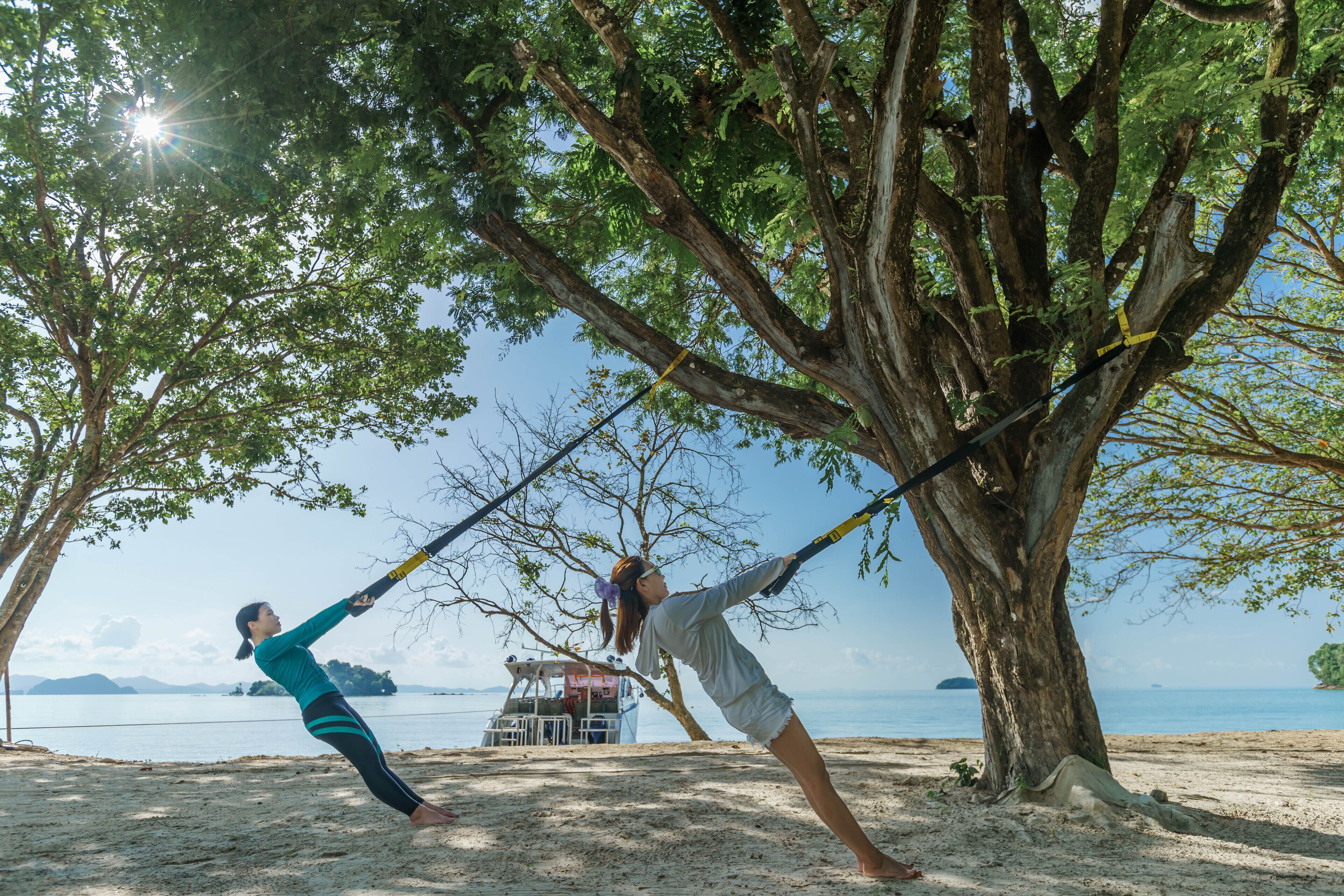 Zwei Personen trainieren Kampfsport unter einem großen Baum an einem Strand mit freiem Blick auf das Meer und eine entfernte Insel.
