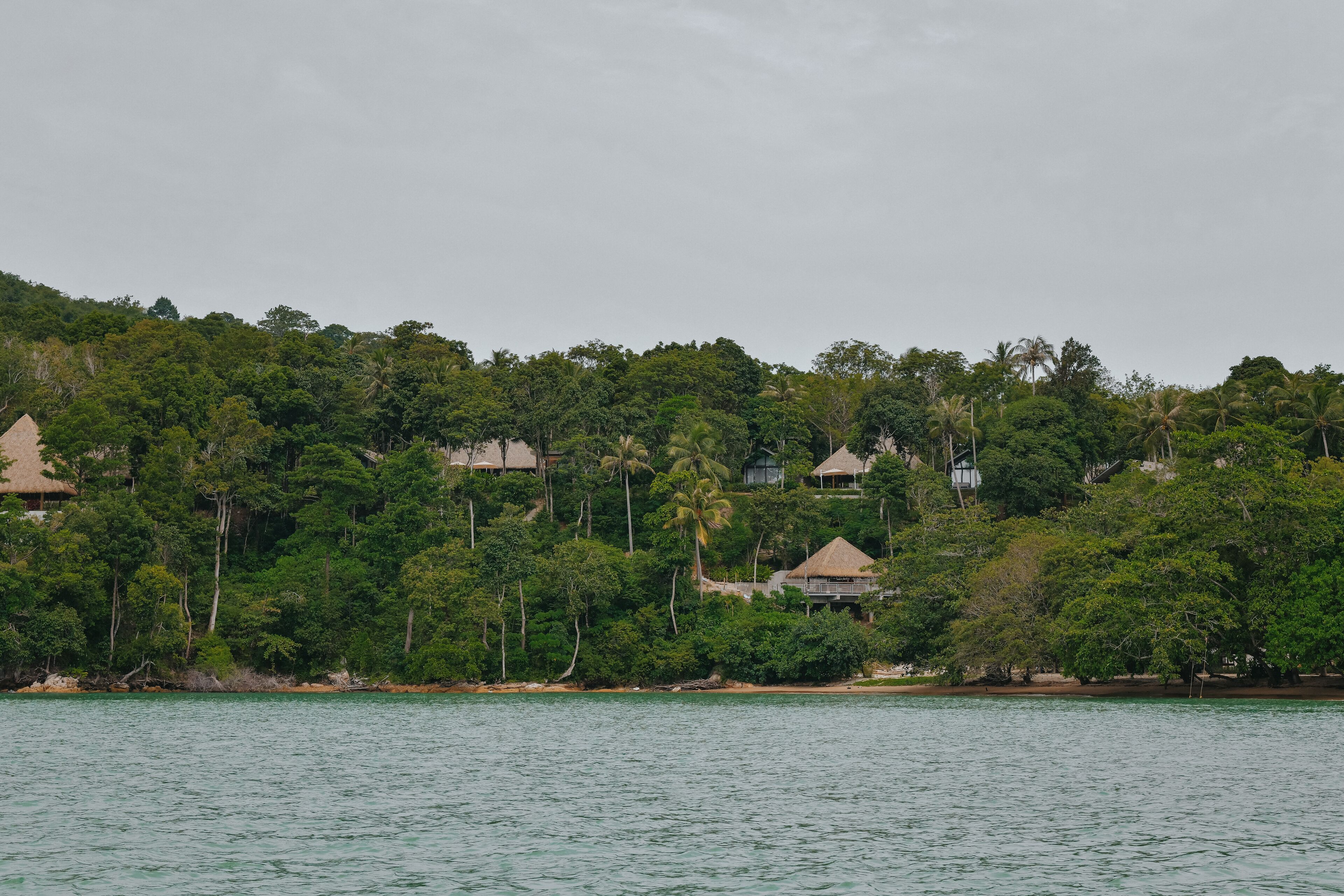 A coastal resort with multiple bungalow-style buildings surrounded by dense tropical vegetation.