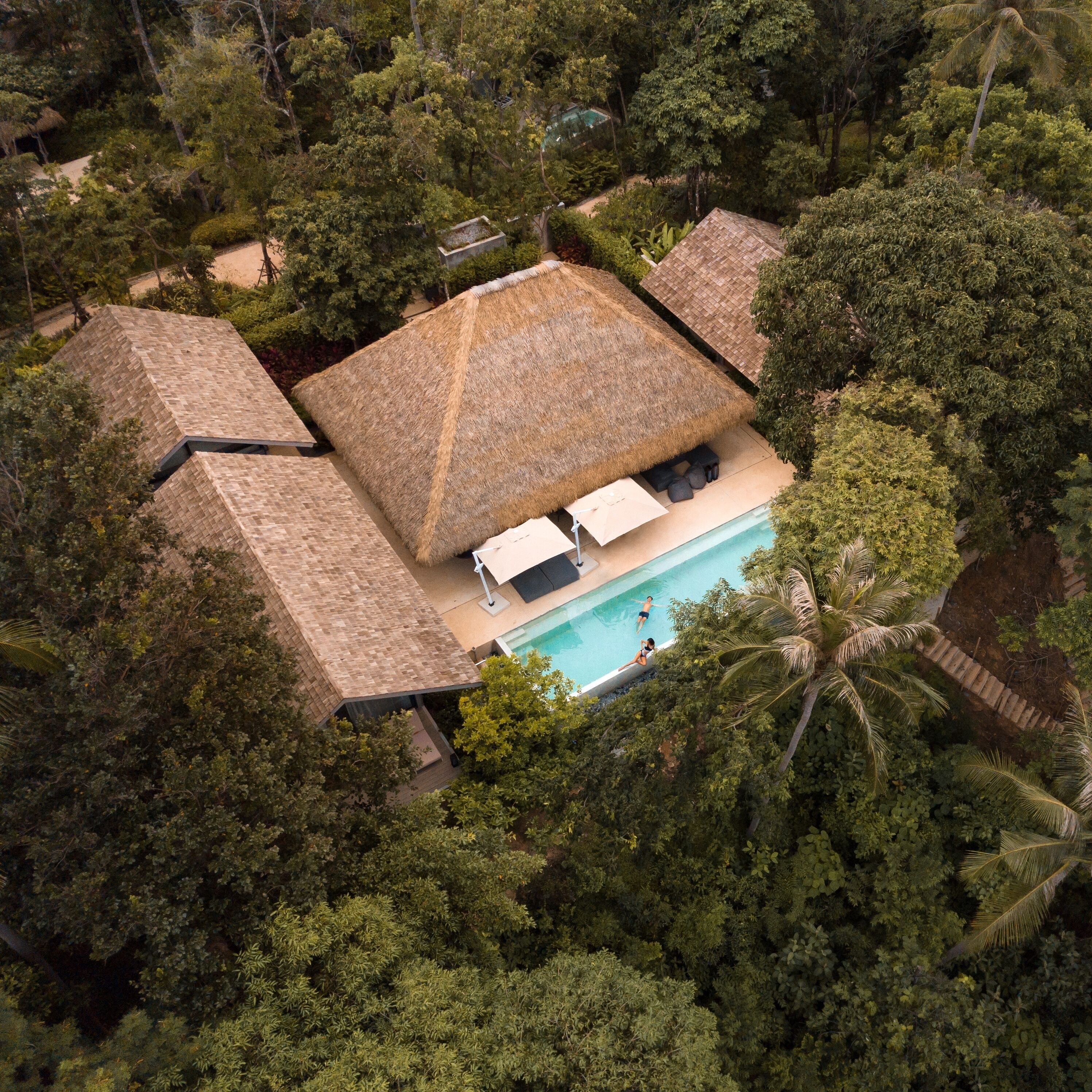 An aerial view of a house with a swimming pool, surrounded by dense greenery and palm trees.