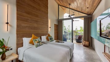 A modern hotel room with two beds, wooden paneling, a large window, and a view of the outdoors.