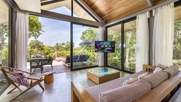 A modern living room with a glass pool, outdoor seating, and a TV.