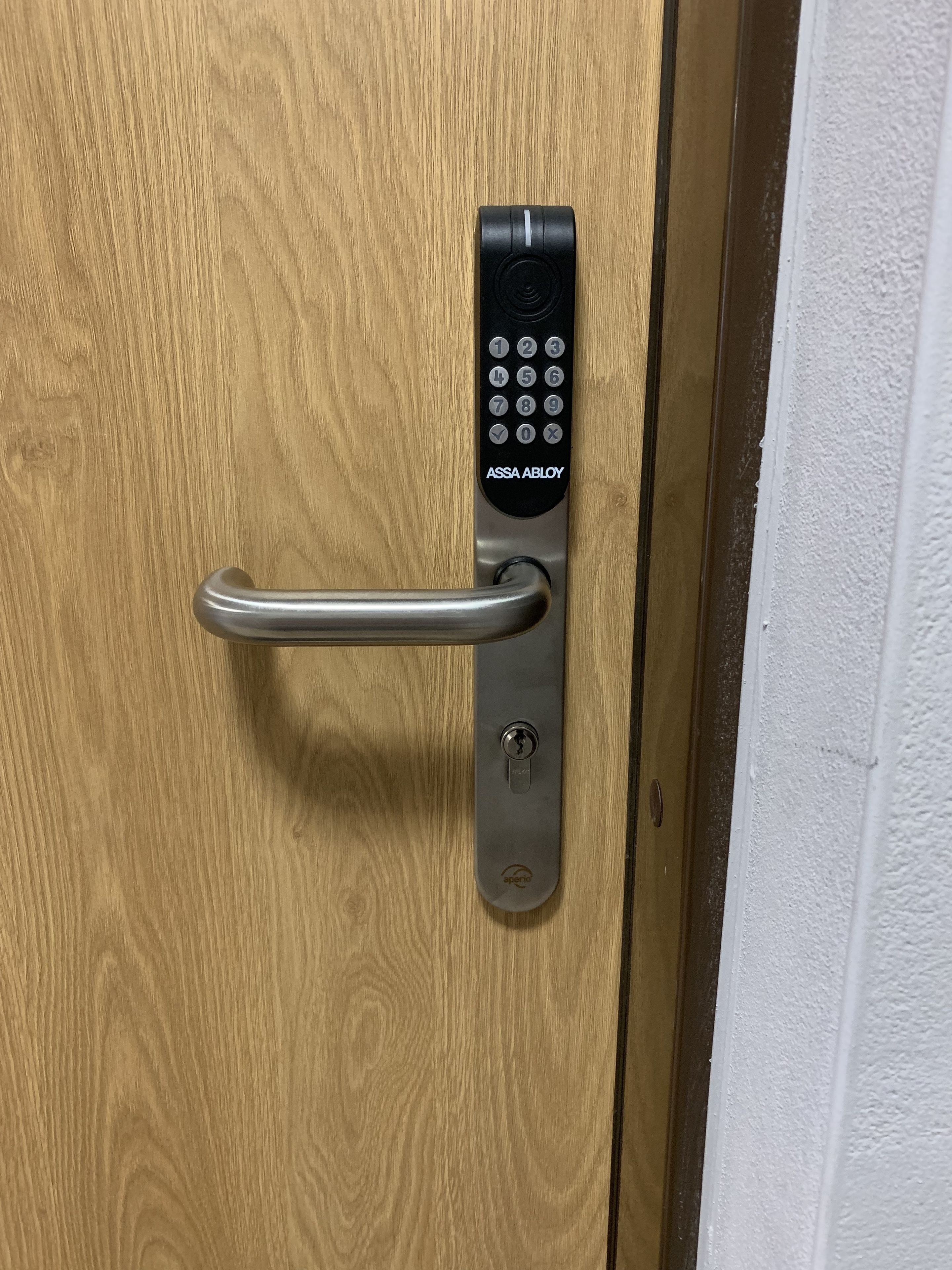 Una puerta con un moderno teclado electrónico y un robusto picaporte de metal.